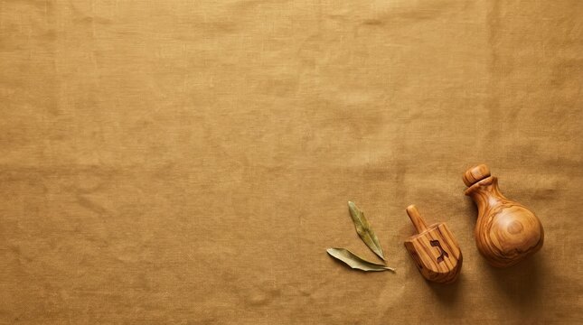 Olive wood objects including a small bowl and a scoop placed on a textured linen background with dried leaves for a natural aesthetic