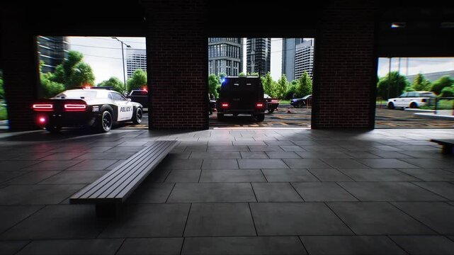 Police Department Building in City with Patrol Cars Ready for Dispatch. Realistic 4k animation