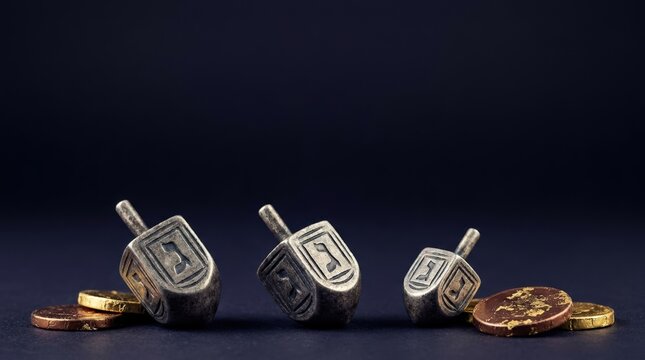 Silver dreidels and chocolate coins arranged on a dark surface, symbolizing the celebration of Hanukkah and traditional Jewish customs