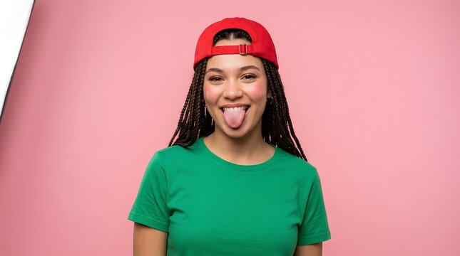 Playful young woman with long braided hair wearing bright green t-shirt and red backwards baseball cap, sticking tongue out at camera, studio portrait on pink background, fun lifestyle concept