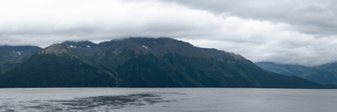 Alaska autumn coastal seascape panorama along the Turnagain Arm at low tide near Girdwood and Anchorage, USA