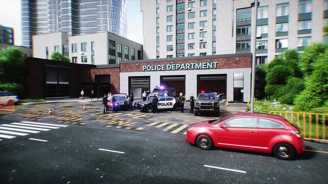 Police Department Building in City with Patrol Cars Ready for Dispatch. Realistic 4k animation