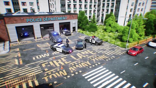 Police Department Building in City with Patrol Cars Ready for Dispatch. Realistic 4k animation