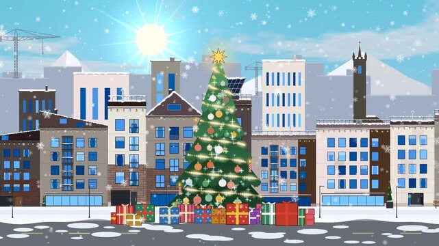 A decorated festive Xmas tree stands in falling snow in a quiet urban neighborhood, winter holiday season, time lapse animation with fireworks celebration