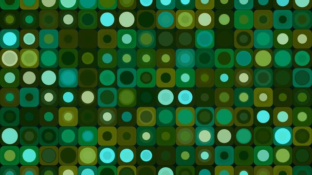abstract green retro background showcases a seamless grid of rounded squares with pulsating circles
