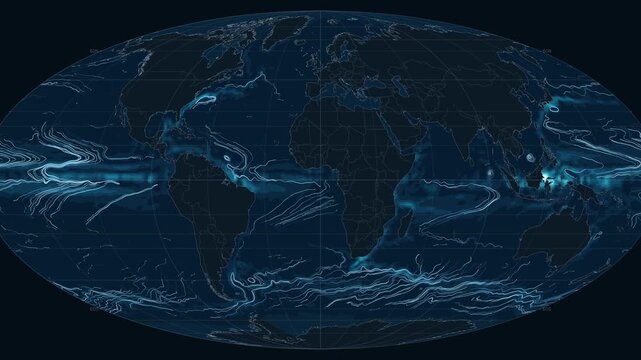World map vividly with animated ocean current dynamics, highlighting Earth's interconnected marine systems for scientific understanding