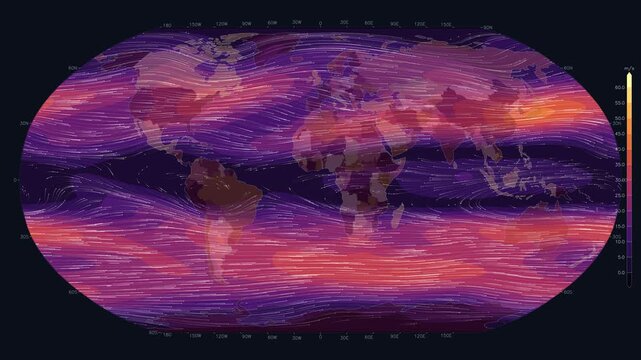dynamic digital map displays global wind currents and atmospheric data, visualization of Earth's complex climate, loopable animation