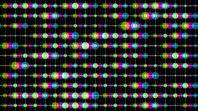 vibrant display of glowing, overlapping circles and a linear grid creating a dynamic and energetic abstract loopable background animation