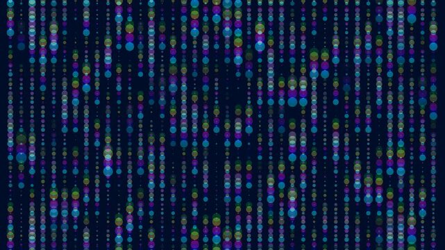 Vibrant, translucent dots cascade in vertical lines against a dark background, forming a dynamic and modern abstract pattern