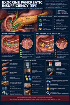 Exocrine Pancreatic Insufficiency EPI Medical Infographic with Symptoms Diagnosis and Treatment
