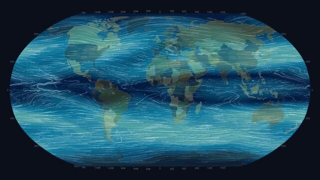 global wind patterns and ocean currents across a detailed world map, representing atmospheric movement, jet stream and water circulation, dynamic loopable visualization