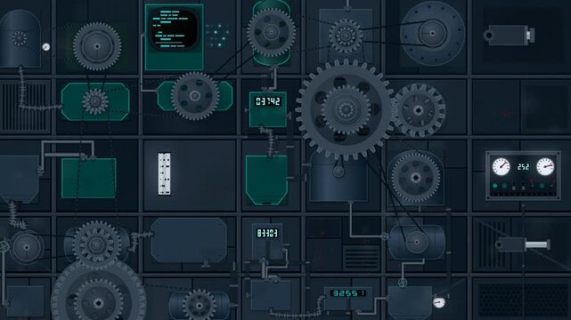 dynamic, intricately designed industrial mechanism with cogs and gears, complex automation and data processing