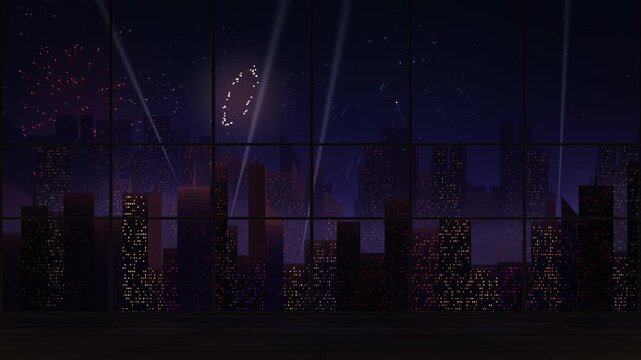 Bright fireworks explode over a dark city skyline as seen through a large paneled window at night, loopable New Year animation