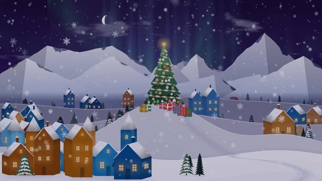 decorated Christmas tree sits atop a snowy hill overlooking a cozy village under a starry night, loopable animation
