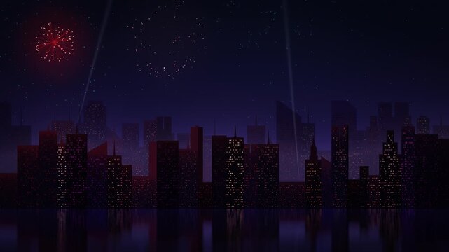 Vibrant fireworks burst across a dark purple night sky, forming the lettes 2027 above a glowing city skyline with water reflections, New Year's Eve loopable animation