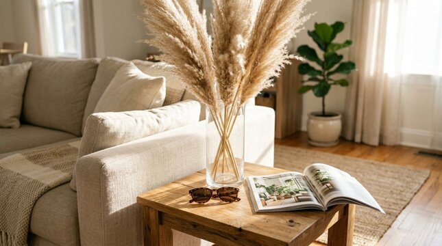 Sunlit beige living room with dried pampas grass in clear glass vase on wooden side table, eyeglasses, open coffee table book, beige sofa, fiddle leaf fig on jute rug, cozy interior decor, natural