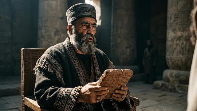 Ancient Mesopotamian judge holding the Hammurabi code stone tablet while presiding over a historical legal trial inside a grand stone temple hall filled with solemn atmosphere