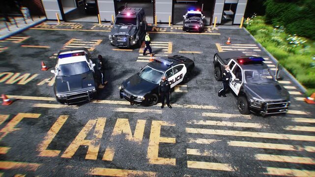 Police Department Building in City with Patrol Cars Ready for Dispatch. Realistic 4k animation