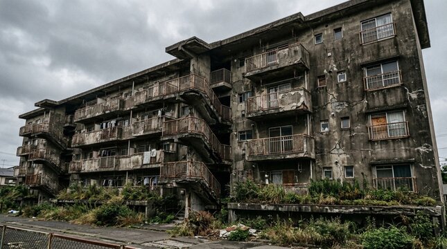 Abandoned dilapidated concrete apartment building with weathered crumbling balconies, cracked exposed stairwells, faded graffiti, broken windows, and overgrown vegetation in urban decay