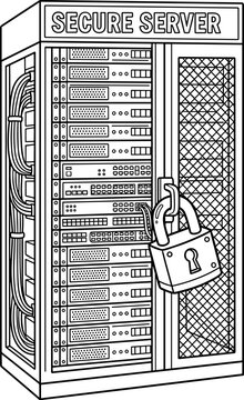 Secure server rack with a locked padlock, data center security concept, black and white outline illustration