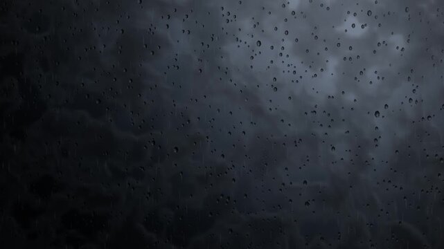 Rain droplets slide down a dark window pane against stormy clouds in a seamless repeating moody loop