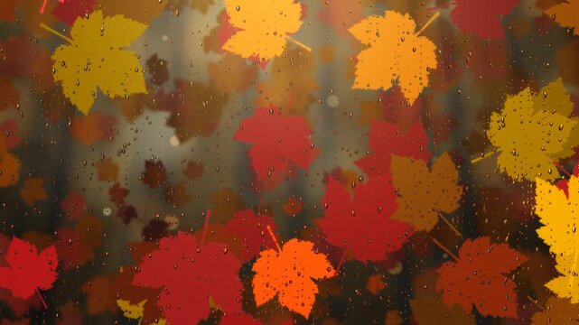 Colorful autumn maple leaves fall gently behind a wet window pane in this cozy seamless melancholic loop background