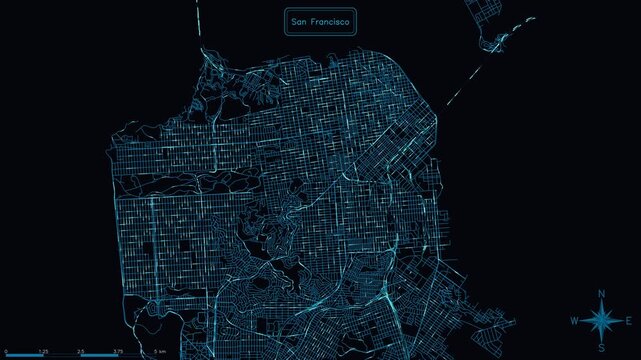 animated digital map of San Francisco displaying luminous streets with flowing data streams and traffic