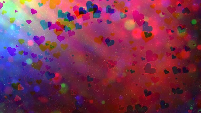 seamless loop animation features vibrant, translucent hearts drifting, shimmering Valentine's day bokeh background