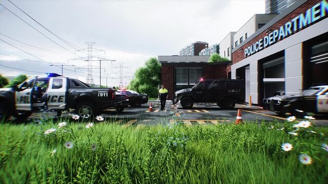 Police Department Building in City with Patrol Cars Ready for Dispatch. Realistic 4k animation