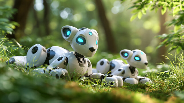 Two robotic animal companions with glowing blue eyes resting in a bright lush green forest clearing, soft natural daylight filtering through trees, mossy ground and clean natural
