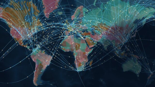 global air traffic, glowing flight routes connecting all continents dynamically, seamless loopable solar terminator animation