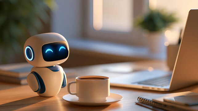 Bright cozy workspace table with a coffee cup and a small robot companion sitting nearby, soft natural daylight through window, clean minimalist desk and decor, productivity