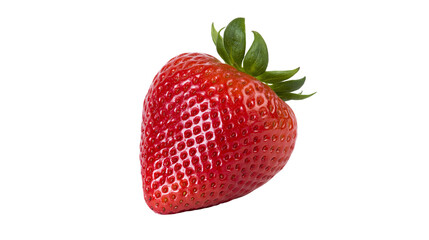 Isolated fresh ripe red strawberry with green leaves and stem, sweet and juicy summer fruit