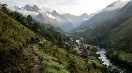 Obraz premium Scenic mountain valley hiking trail. Photo of a dirt path along a lush green hillside overlooking a remote village, a winding river, and majestic peaks covered in morning mist and clouds.