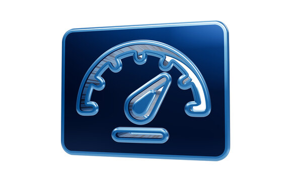 Speedometer Icon 3D Render: A stylized 3D rendering of a blue speedometer icon, showcasing a needle pointing towards a high reading, symbolizing speed, performance, and measurement.