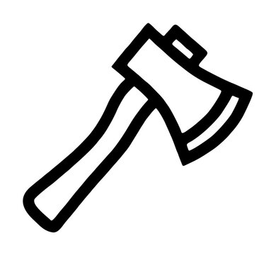 Vector line art camping axe hatchet icon with bold black stroke outline, outdoor survival tool illustration perfect for adventure wilderness hiking camping and bushcraft activity graphic design