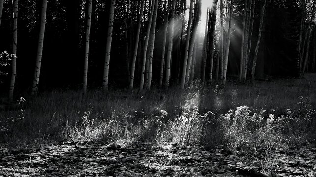 Crepuscular rays shine through trees in a meadow