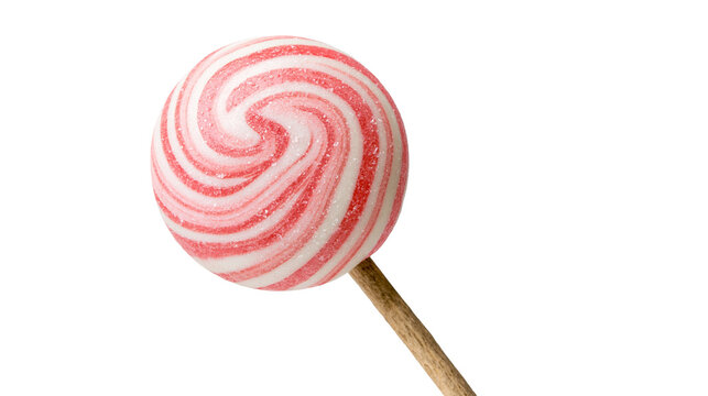 Isolated sparkling pink and white striped swirl lollipop with wooden stick, sweet candy treat.