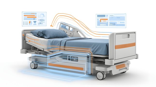 Modern hospital bed with digital health monitoring data isolated on white background. Advanced medical equipment concept for smart healthcare technology and patient care systems.