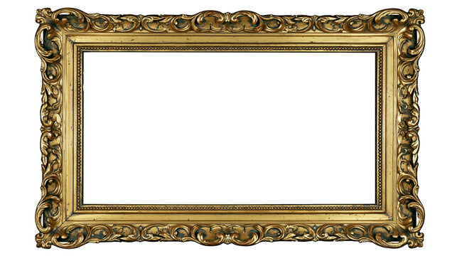 Isolated ornate antique gold picture frame with classic baroque carved details and aged texture.