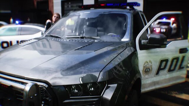 Police Car with Flashing Lights Near Police Department Building. Realistic 4k animation.