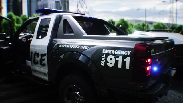 Police Car with Flashing Lights Near Police Department Building. Realistic 4k animation.