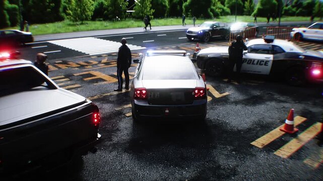Police Car with Flashing Lights Near Police Department Building. Realistic 4k animation.