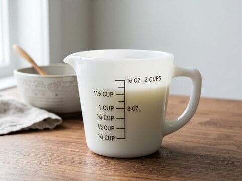 White glass measuring cup filled with milk on a wooden table. Kitchen utensil with black measurement markings for baking and cooking preparation