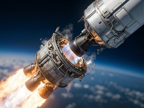 Rocket stage separation in outer space above planet Earth. Spacecraft booster detaching with engine fire and exhaust during orbital flight mission
