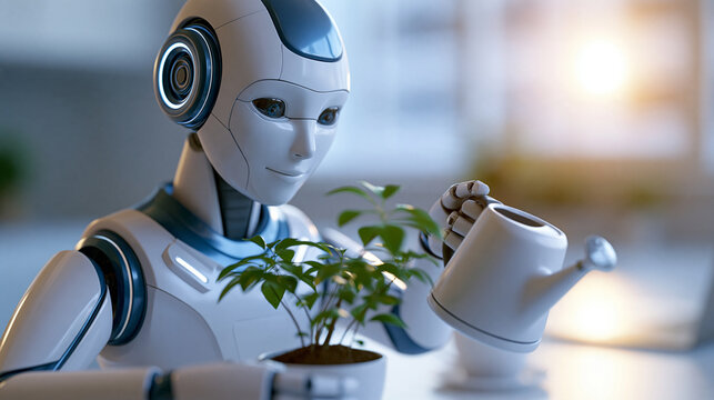 Futuristic robot assistant watering a potted plant with a sleek watering can in a bright sunny room, soft natural daylight through large window, minimalist interior with clean