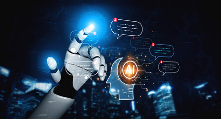 Obraz premium Conversational AI analyzes messages to help teams respond faster. Conversational AI improves support, and conversational AI enables safer, smarter NLP model communication. Corpus
