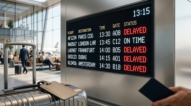 Airport departure board showing multiple delayed flights in red text. Silver suitcase with blank luggage tag and passenger holding passport in terminal