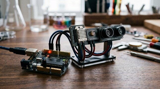 Arduino microcontroller board connected to various sensors on a wooden table. DIY electronics project with ultrasonic and humidity modules in a workshop