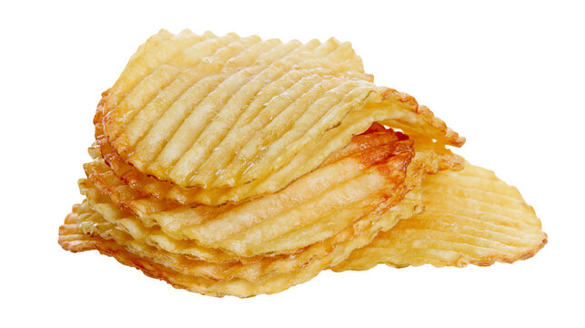 Isolated stack of crispy golden ripple potato chips, unhealthy salty snack food